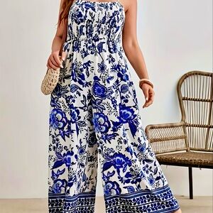 Elegant Blue and White Floral Jumpsuit